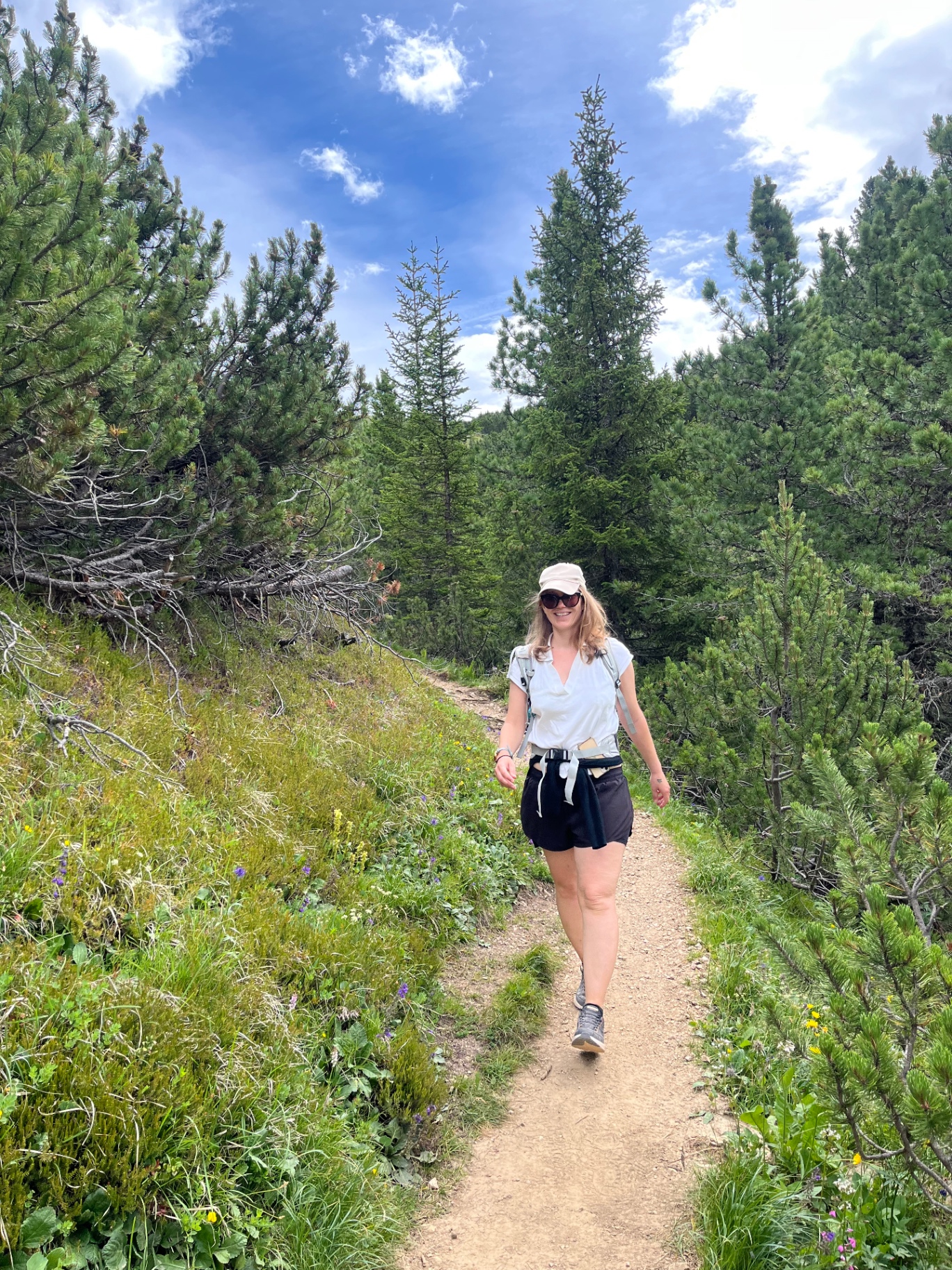 A woman hiking an alpine trail above the treeline